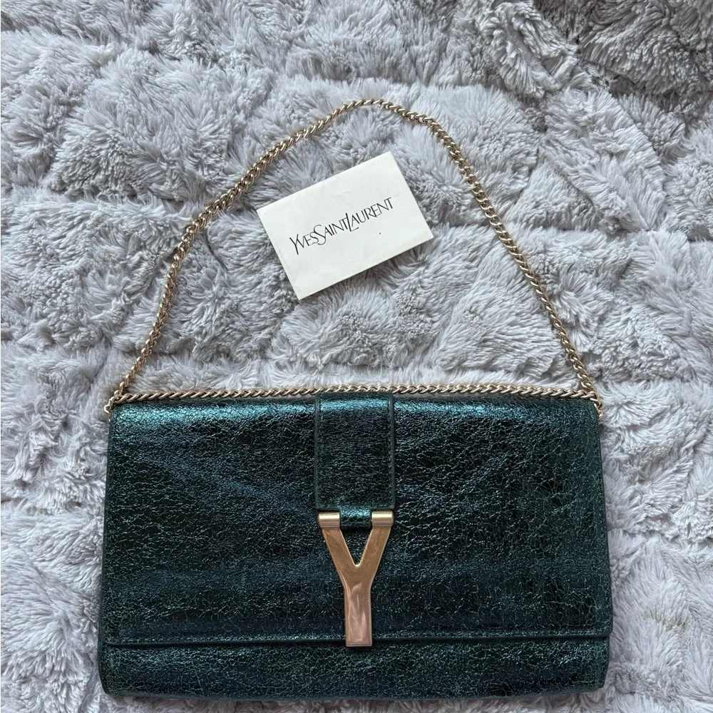 Yves Saint Laurent Y-Linge Clutch, Shimmer Green, Satin Interior - Picture 1 of 16
